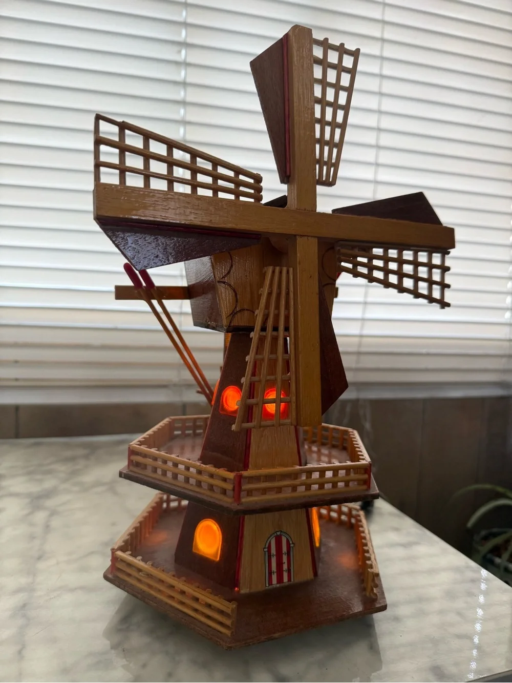 Vintage Wood Windmill Music Box and Night Light 13”
